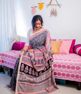 Black coloured with golden border hand block print pure maheshwari natural dyed Bagh saree