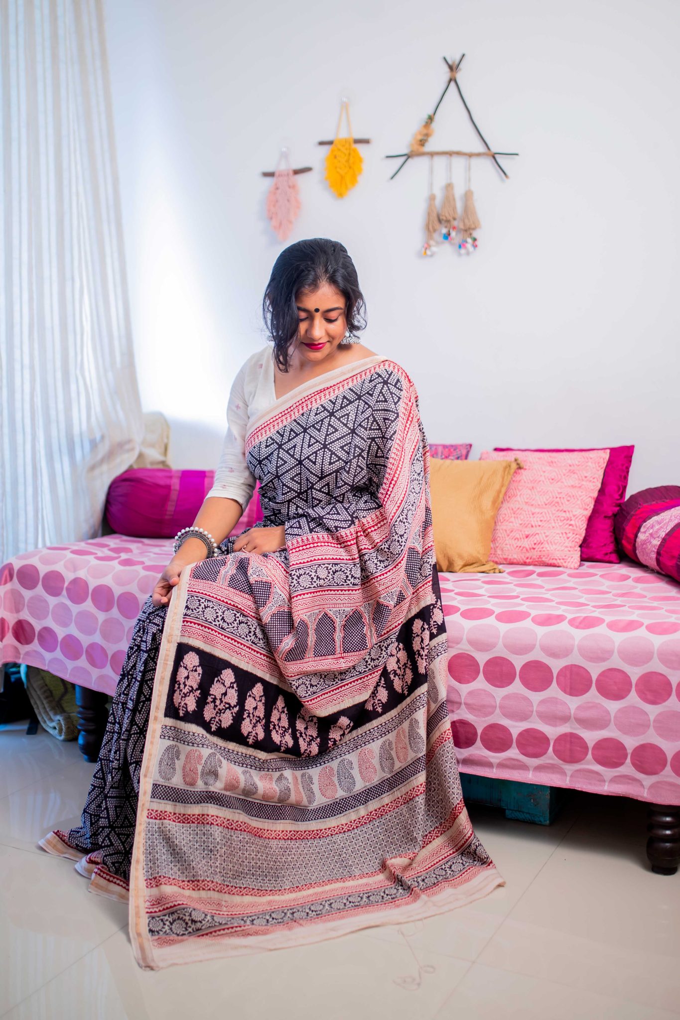 Black coloured with golden border hand block print pure maheshwari natural dyed Bagh saree