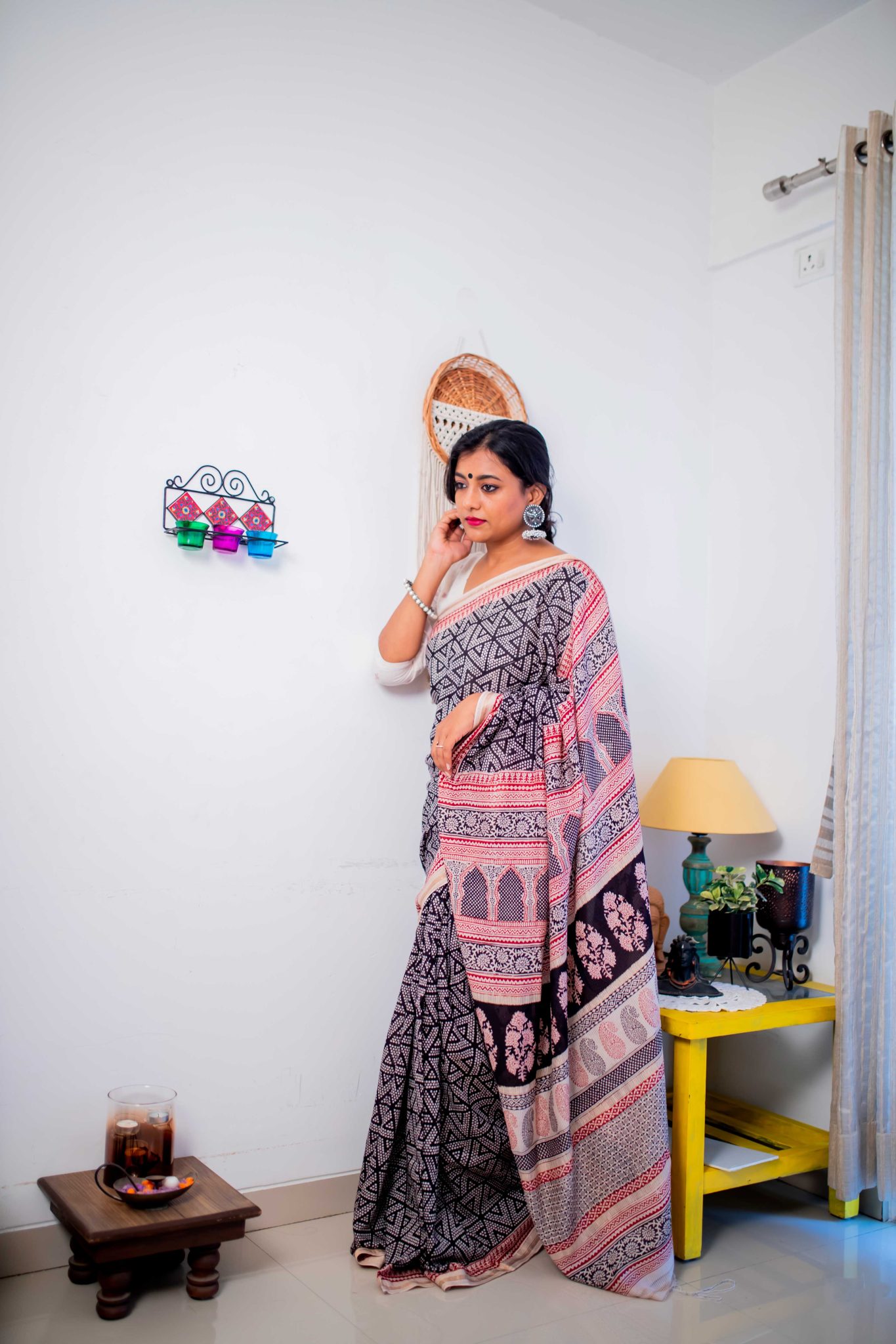Black coloured with golden border hand block print pure maheshwari natural dyed Bagh saree - Image 2