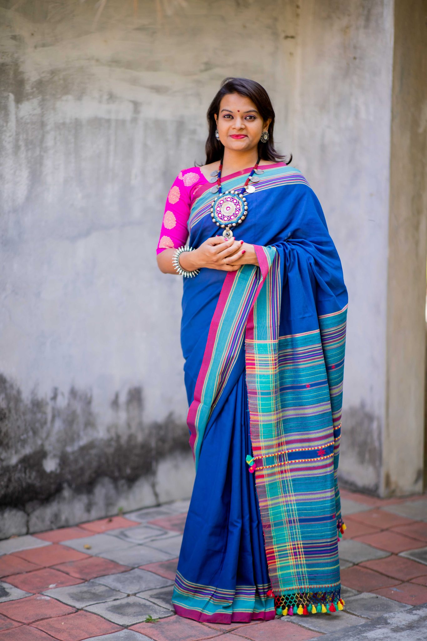 Blue coloured handloom pure cotton bhujodi weave saree with blue coloured woven tussar silk palla