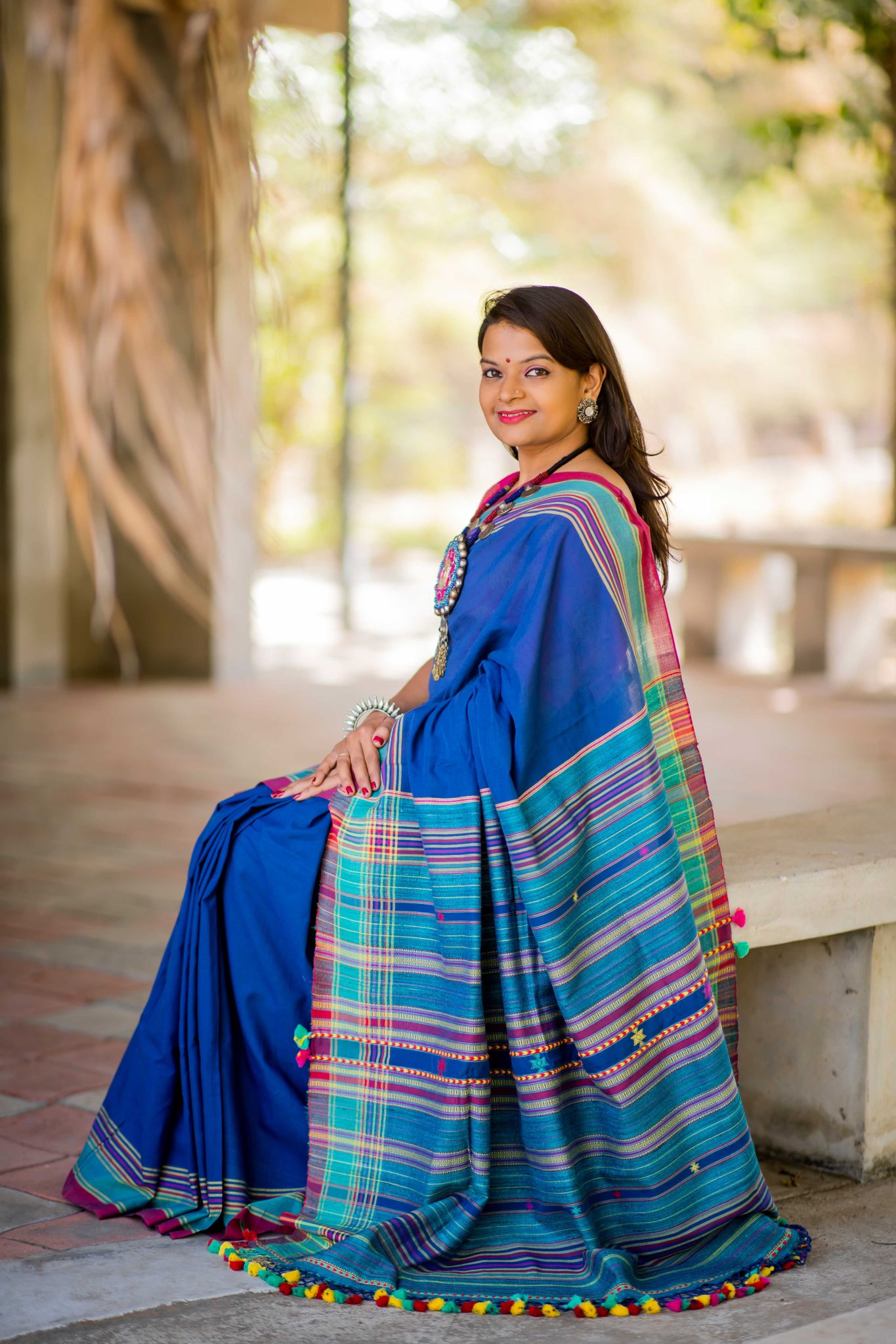 Blue coloured handloom pure cotton bhujodi weave saree with blue coloured woven tussar silk palla - Image 2