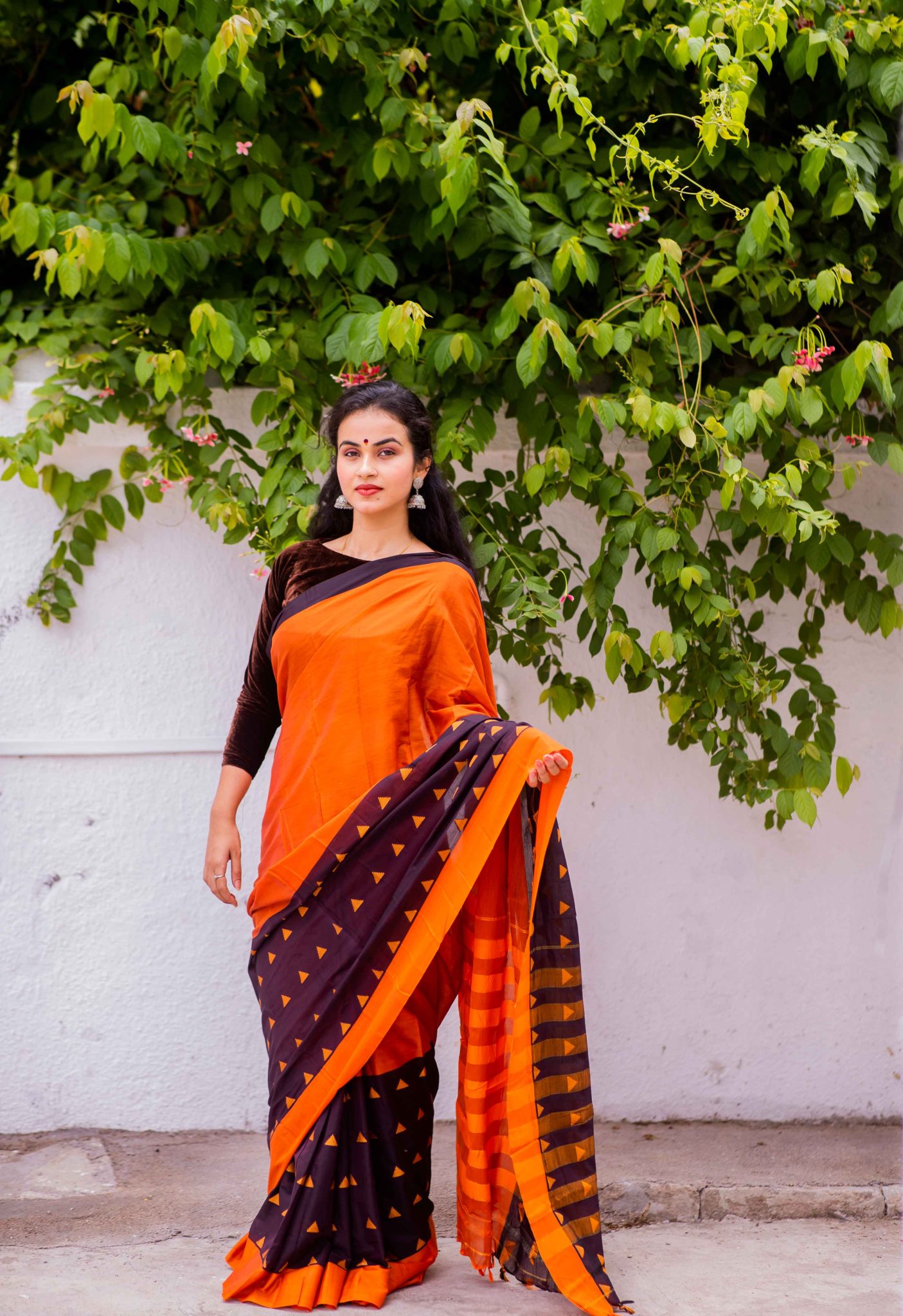 Orange and brown handwoven motifs narayanpet sico saree with woven stripped palla
