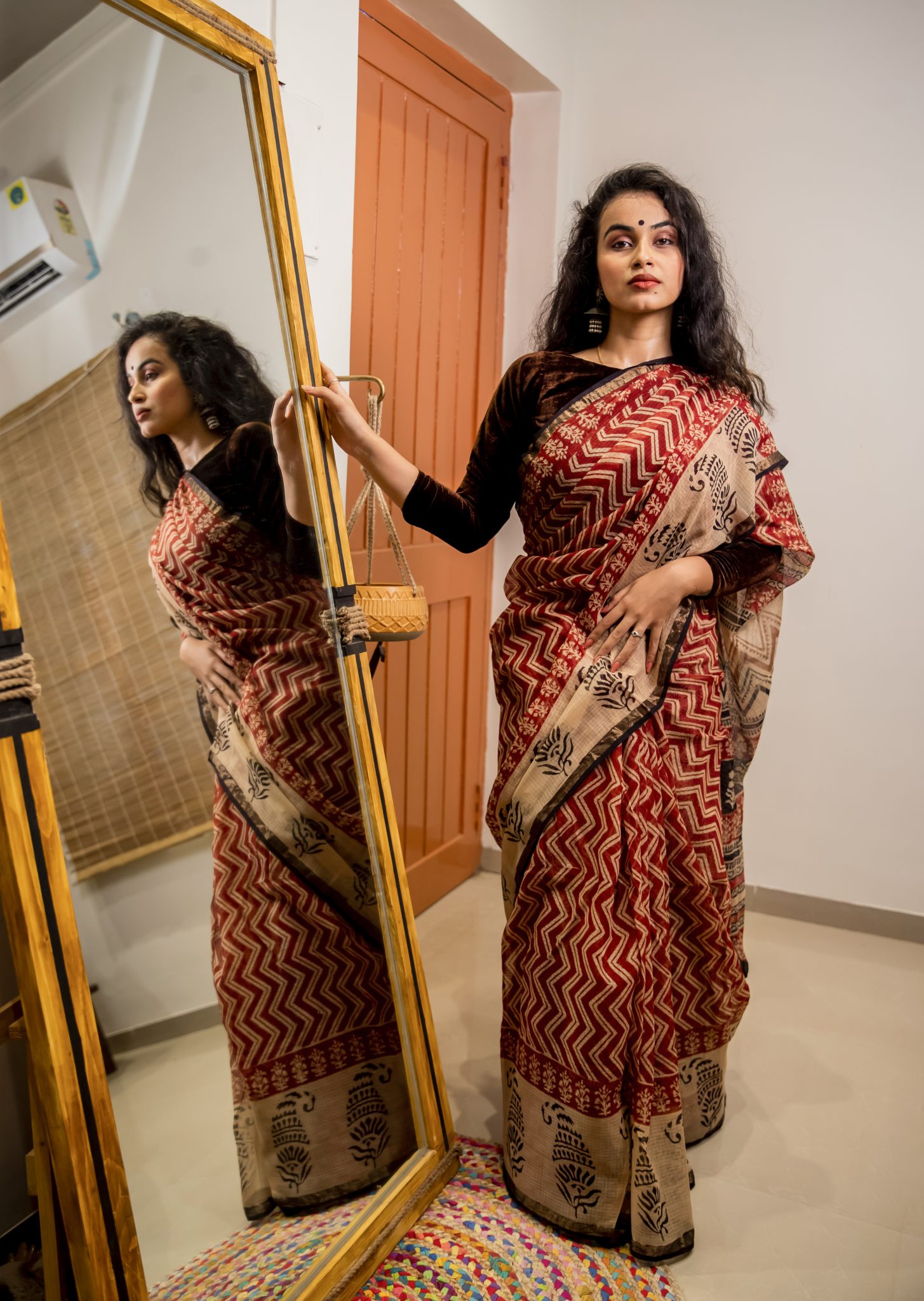 Maron and off white coloured hand block printed bagru pure kota doriya saree with zari border - Image 3