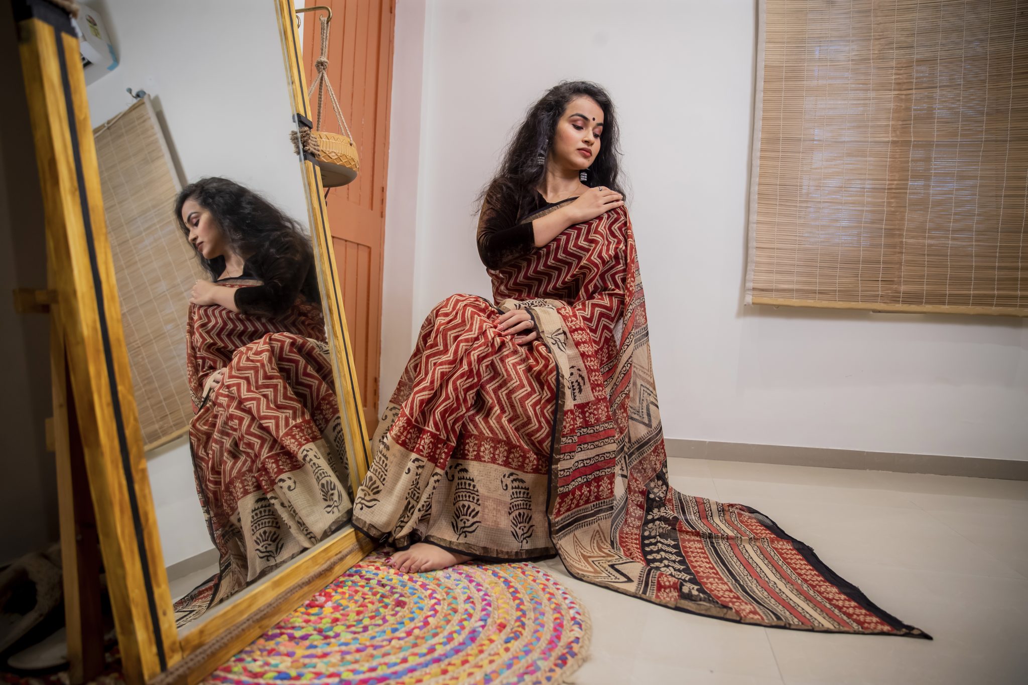 Maron and off white coloured hand block printed bagru pure kota doriya saree with zari border - Image 2