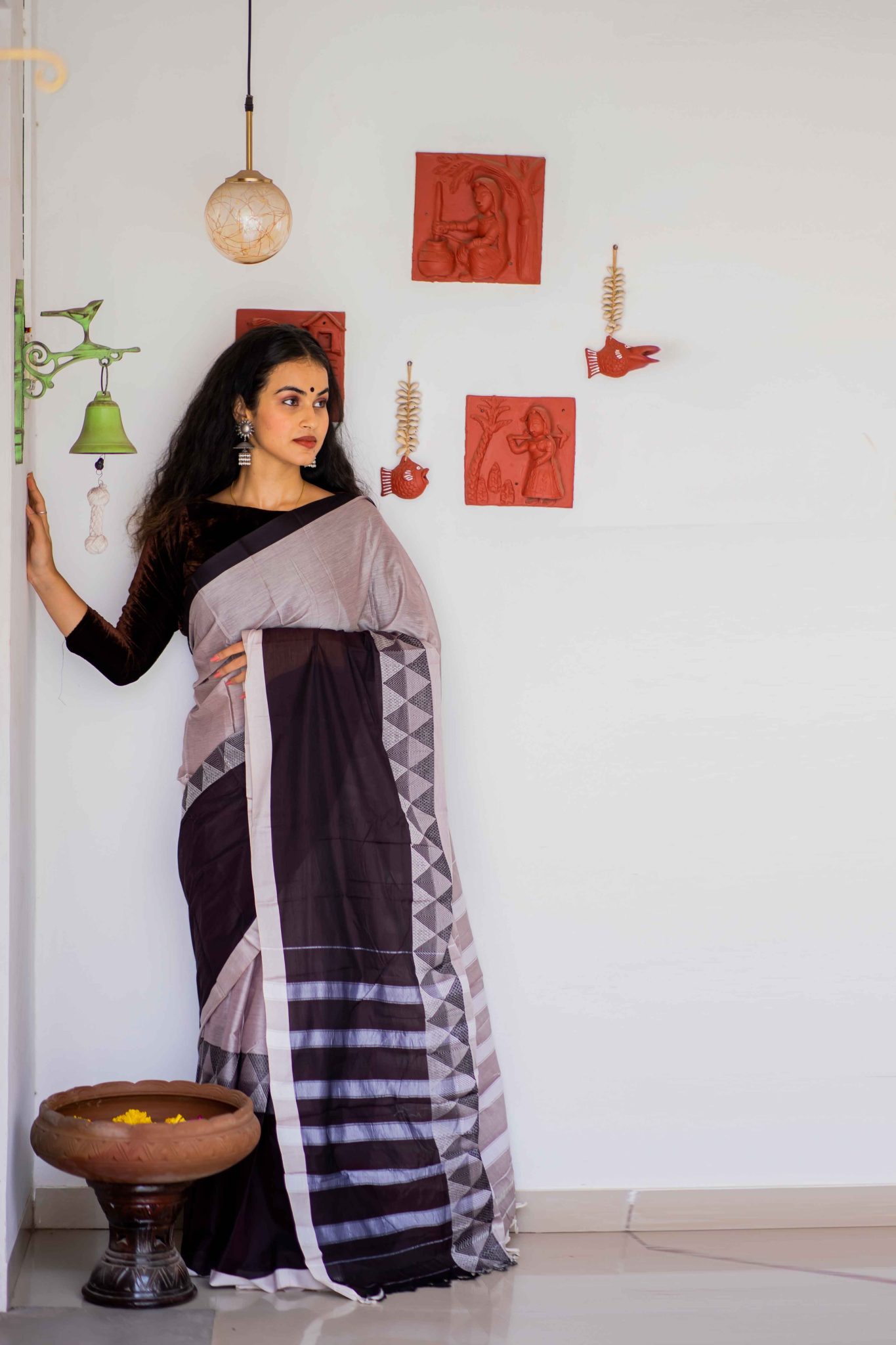 Grey and brown coloured handwoven motifs narayanpet sico saree with woven stripped palla - Image 2