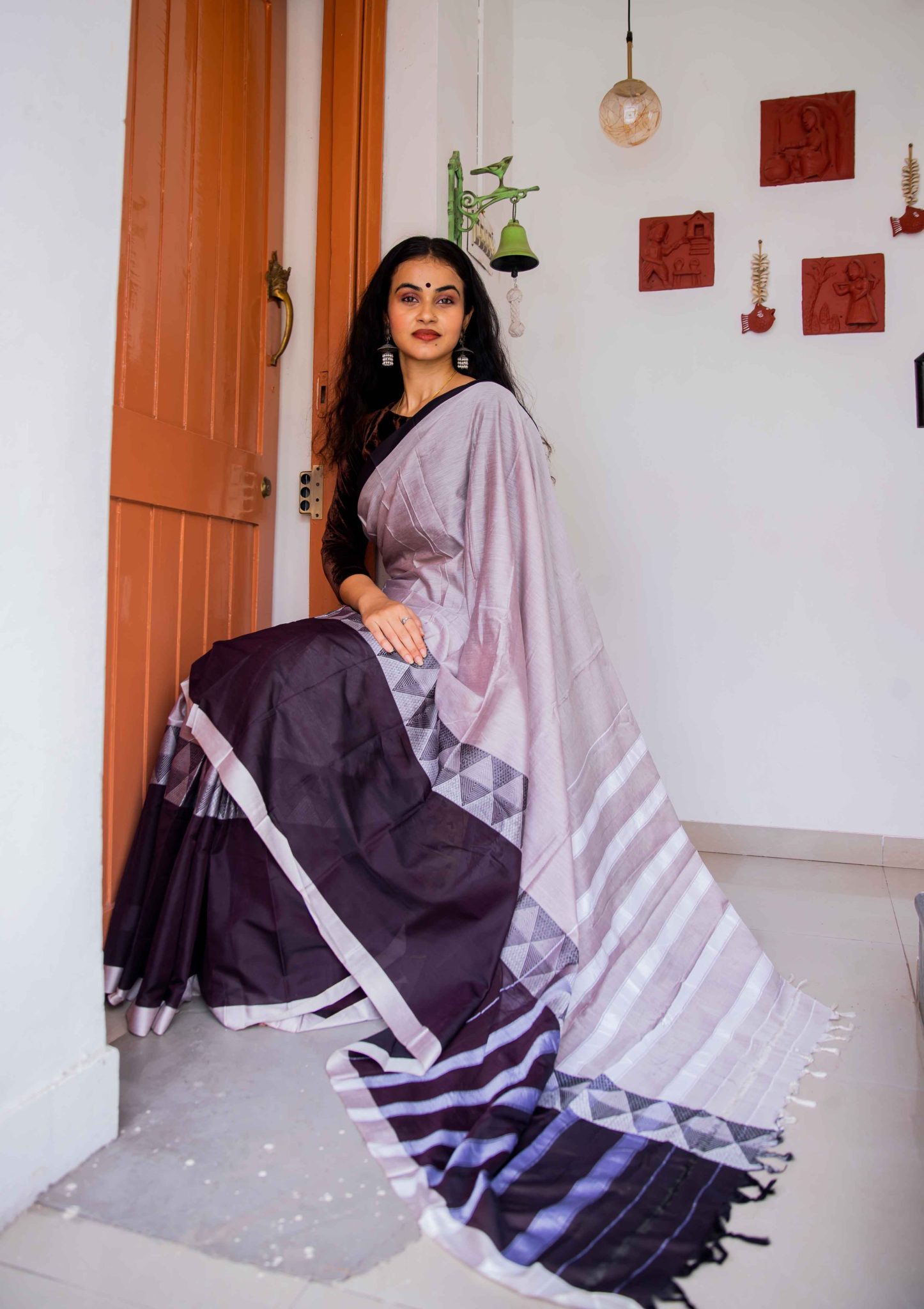 Grey and brown coloured handwoven motifs narayanpet sico saree with woven stripped palla