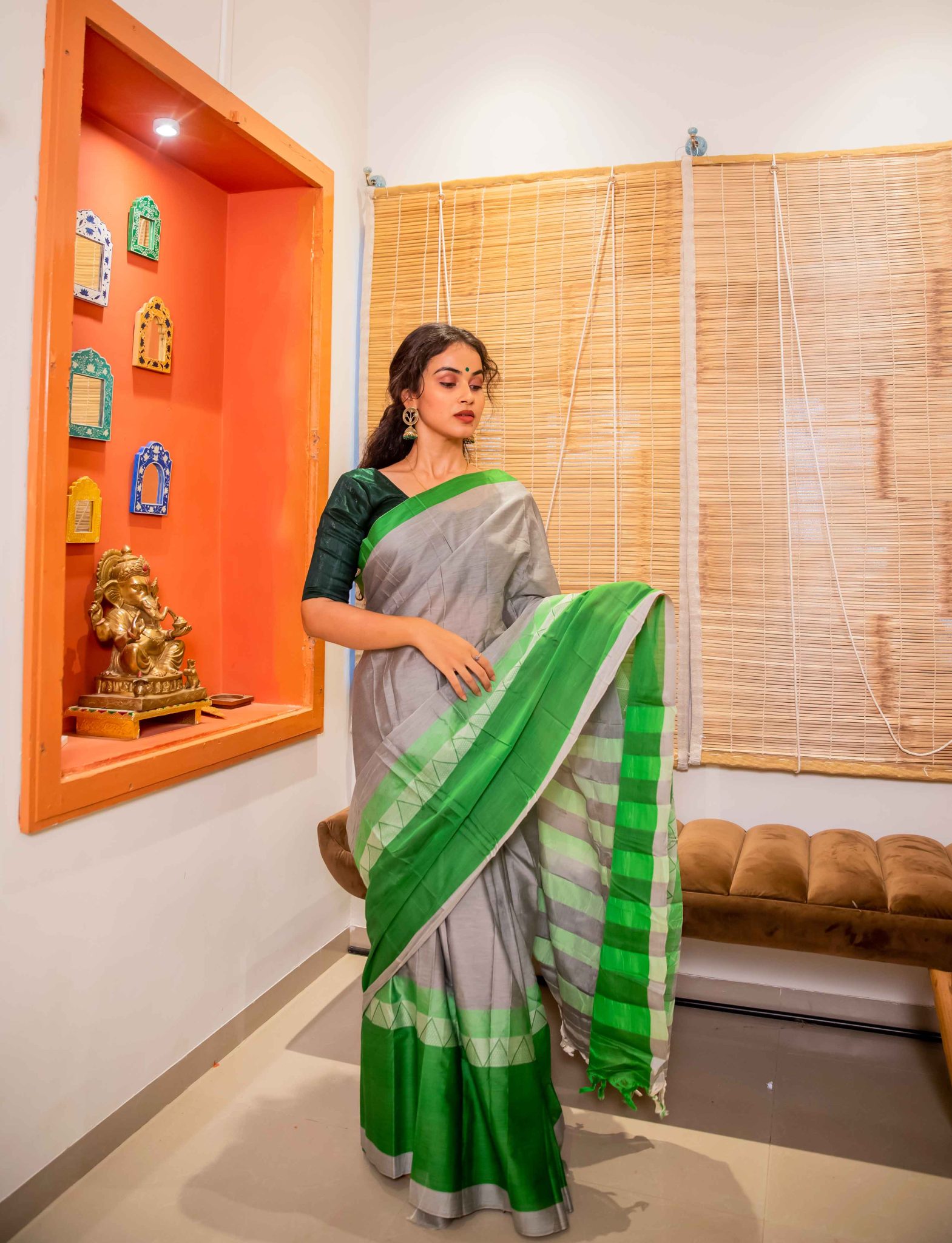 Grey and Green coloured handwoven motifs narayanpet sico saree with woven stripped palla