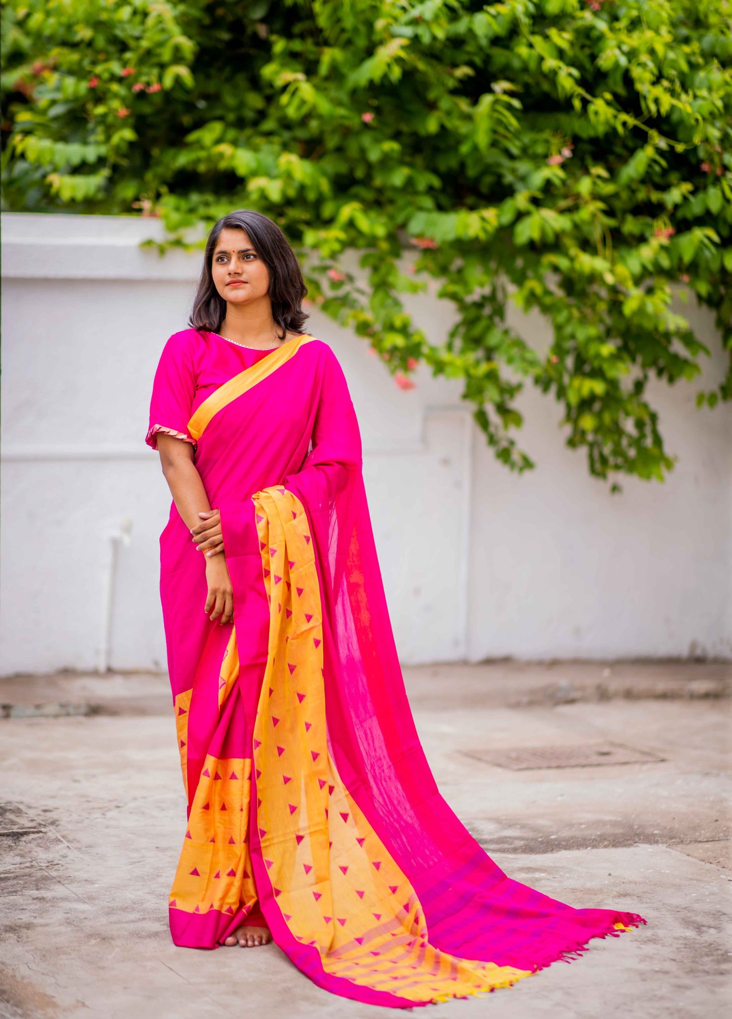 Rani and yellow coloured handwoven motifs narayanpet sico saree with woven stripped palla - Image 3