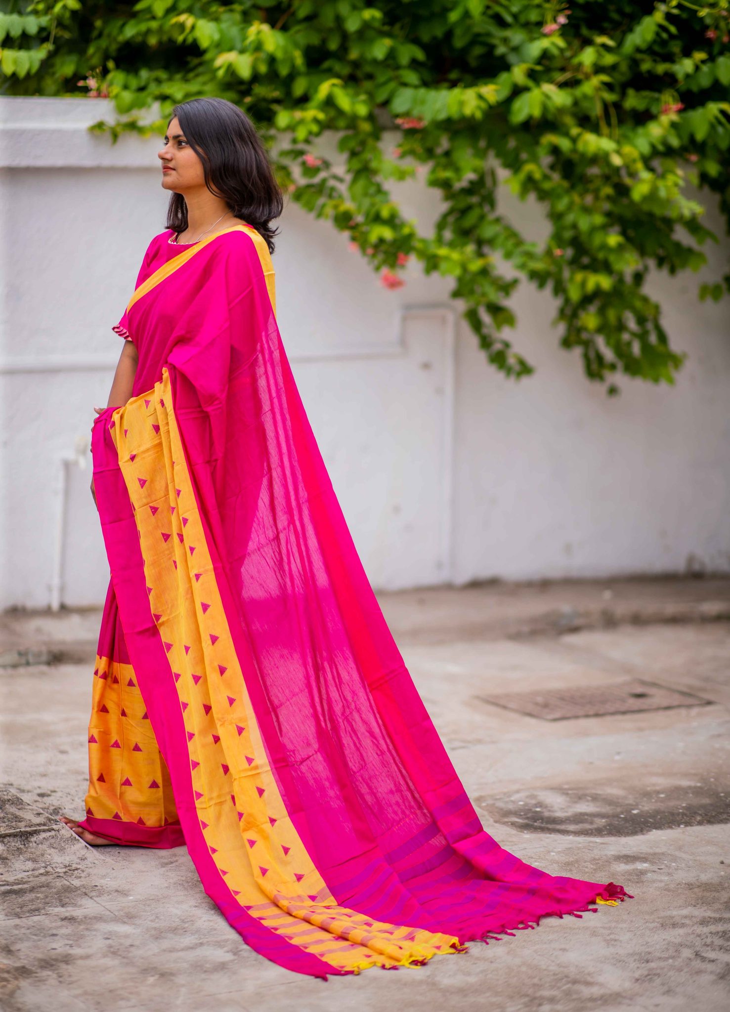 Rani and yellow coloured handwoven motifs narayanpet sico saree with woven stripped palla