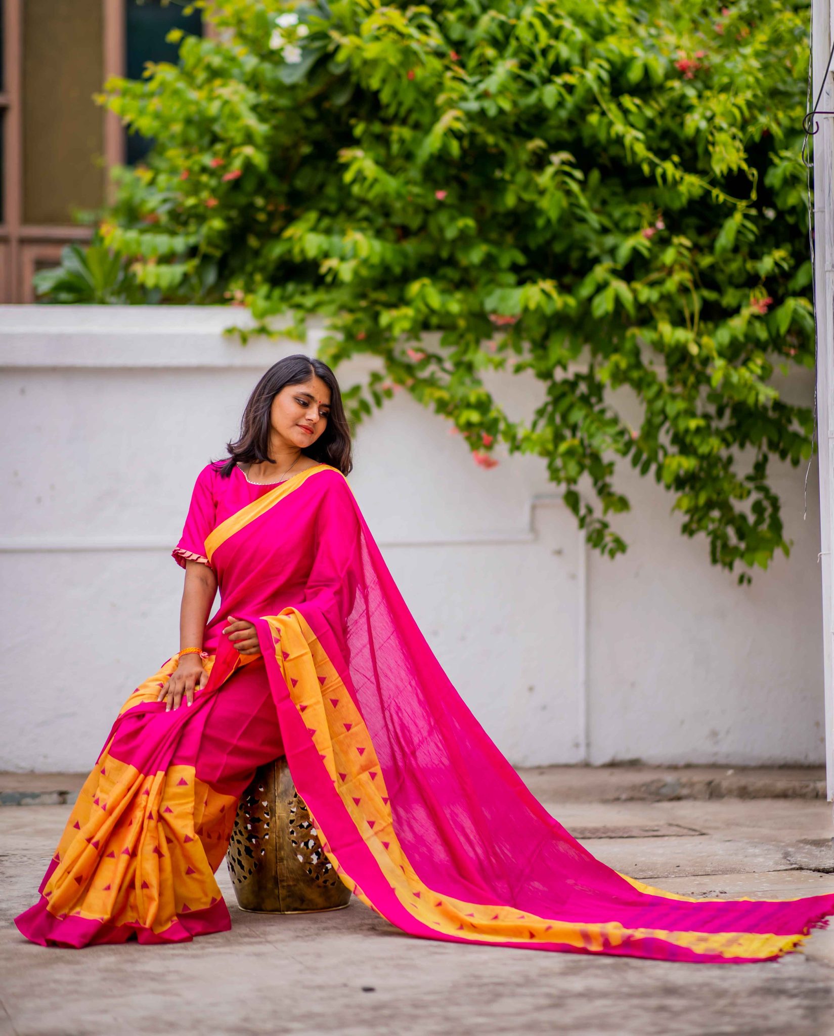 Rani and yellow coloured handwoven motifs narayanpet sico saree with woven stripped palla - Image 2