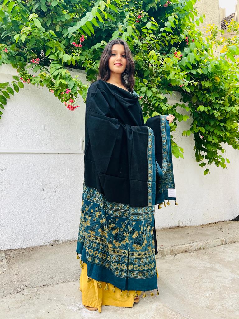 Black with blue and yellow pure cotton natural dyed hand block printed Ajrakh dupatta decorated with tassels