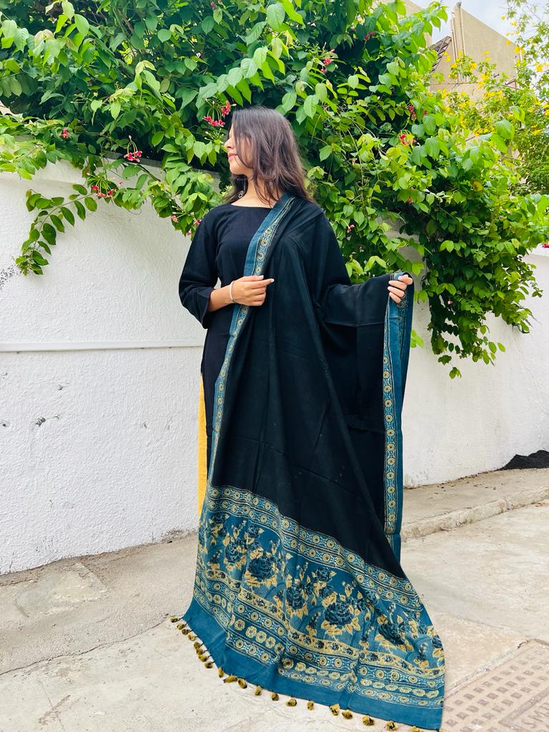 Black with blue and yellow pure cotton natural dyed hand block printed Ajrakh dupatta decorated with tassels - Image 3