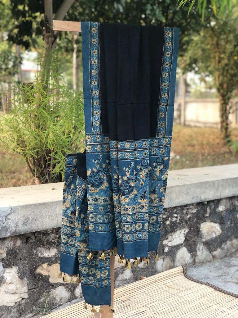 Black with blue and yellow pure cotton natural dyed hand block printed Ajrakh dupatta decorated with tassels - Image 2
