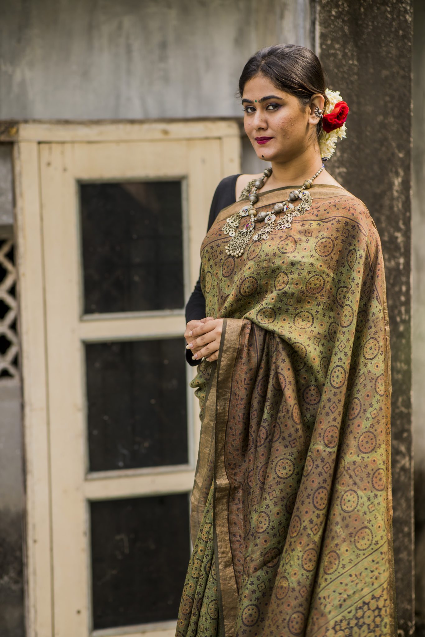 Mehendi green coloured shaded handblock printed ajrakh silk saree with golden border - Image 2