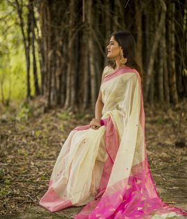 Light lemon yellow and light Rani coloured handwoven maheshwari silk saree